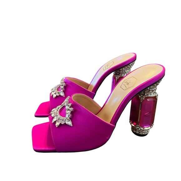 Nalebe Aurum Crystal Embellished Satin Mule Magenta Square Toe Heels EU38/US 8 - Picture 2 of 11